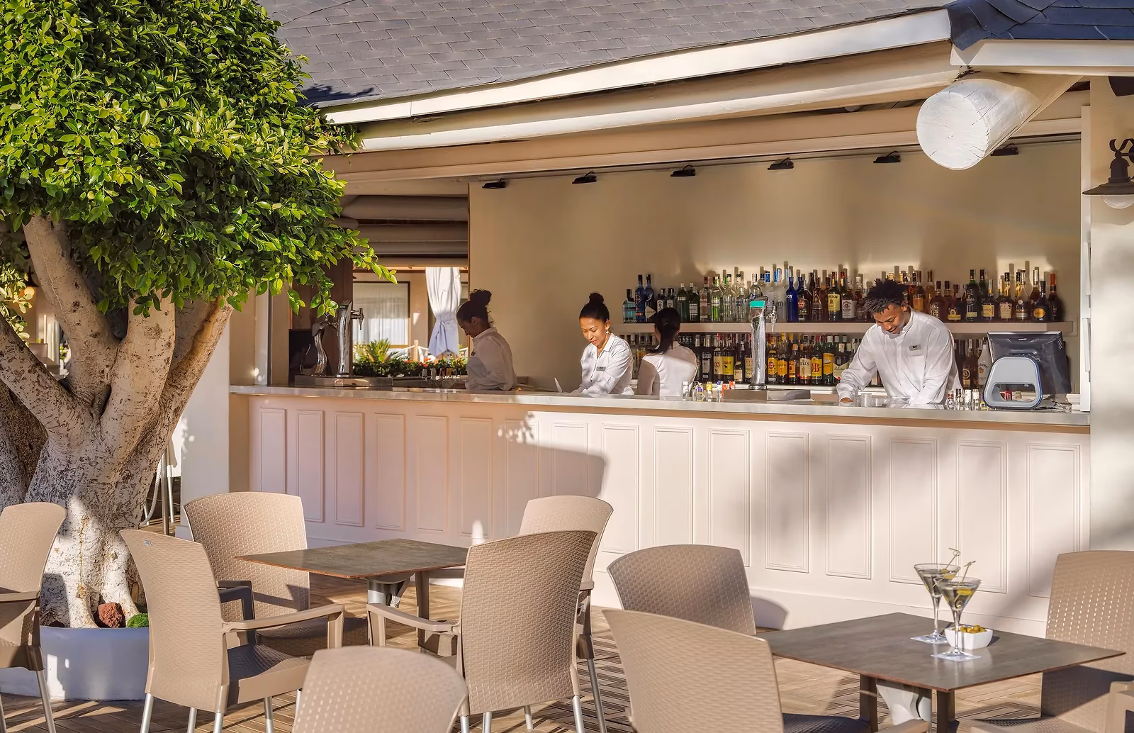 Openluchtbar met barmedewerkers in witte blouses voor een wand met flessen, met rieten stoelen onder een grote boom bij H10 Conquistador in Playa de las Américas