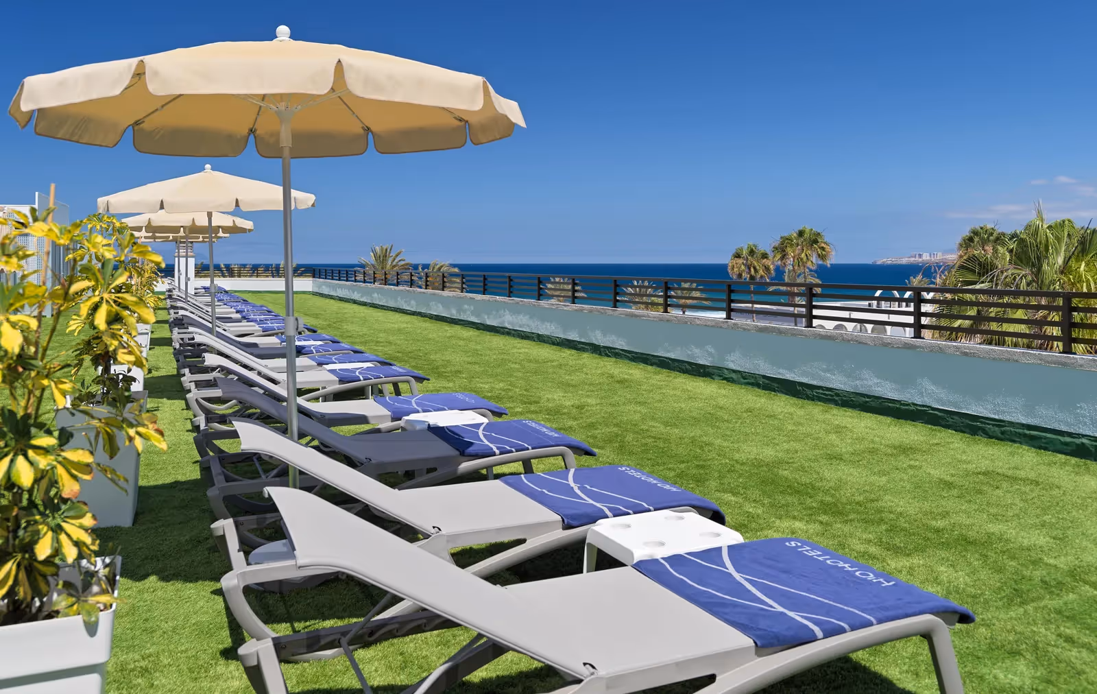 Rij ligbedden met blauwe handdoeken en parasols op een gazonterras met uitzicht op zee bij H10 Conquistador in Playa de las Américas