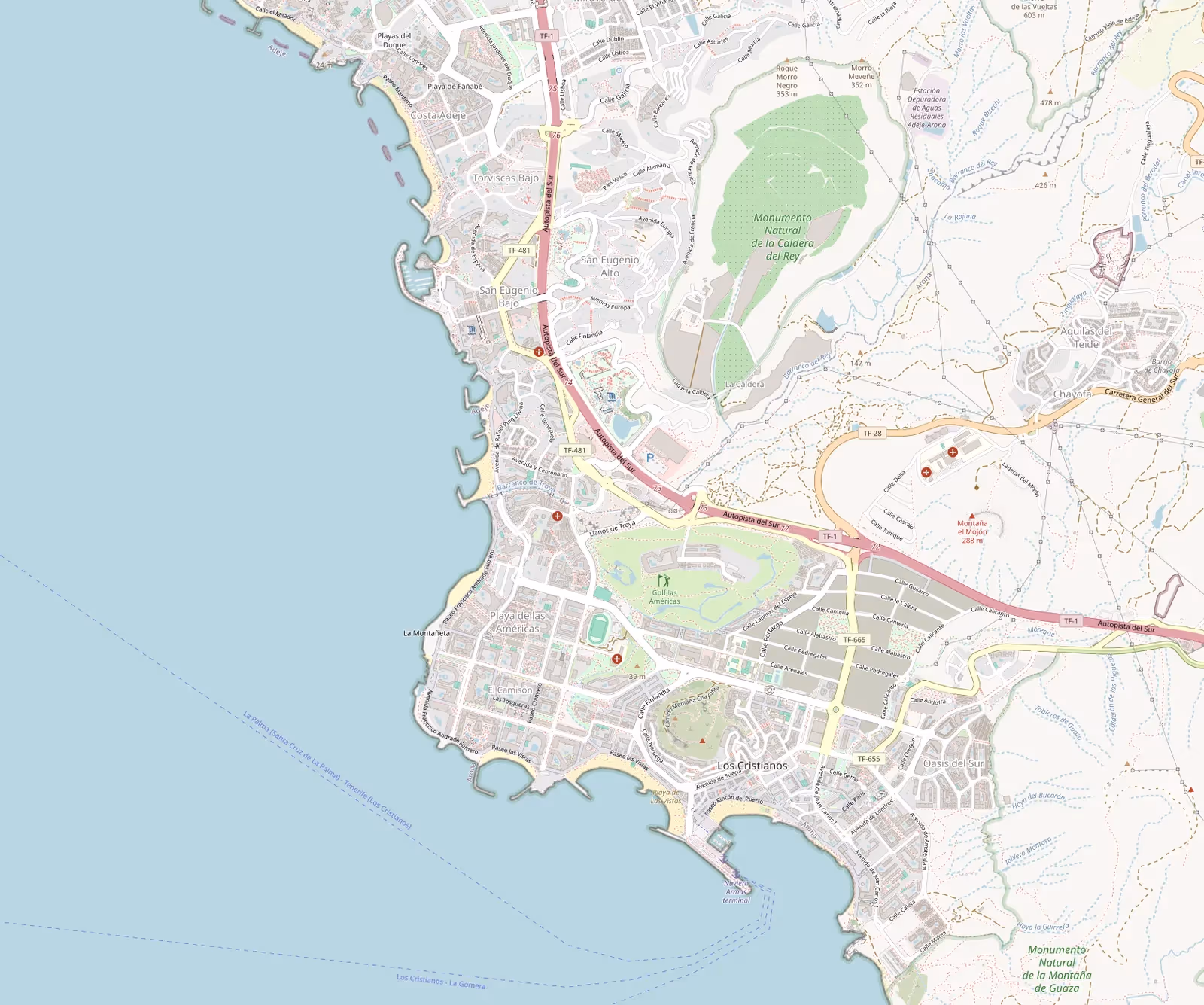 Kaart van de zuidkust van Tenerife met Playa de las Américas, Costa Adeje in het noorden en Los Cristianos in het zuidoosten