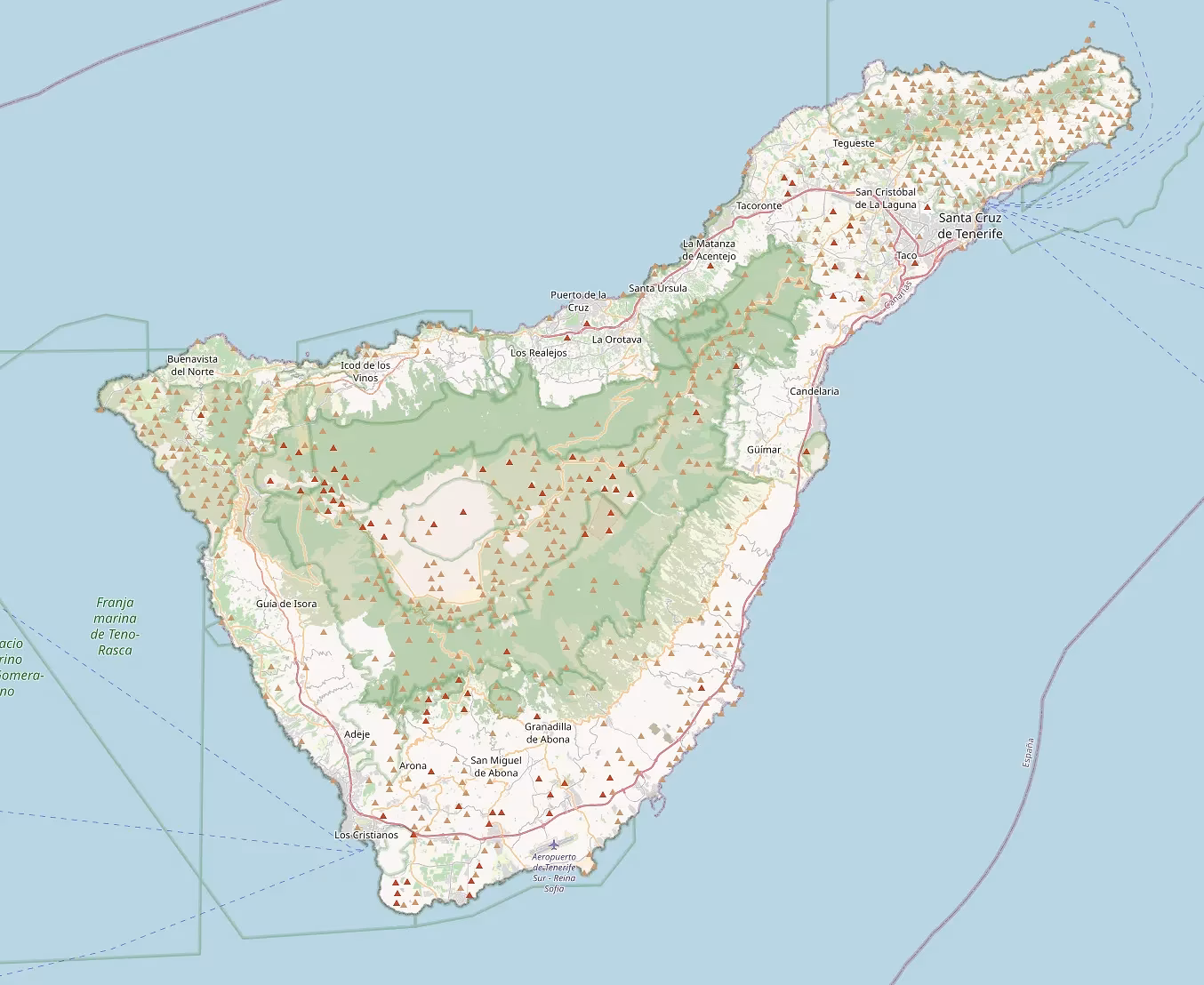 Kaart van heel Tenerife met het hotel in het zuiden, de Teide in het midden, Masca en Los Gigantes in het westen, Loro Parque in het noorden en Santa Cruz en La Laguna in het oosten